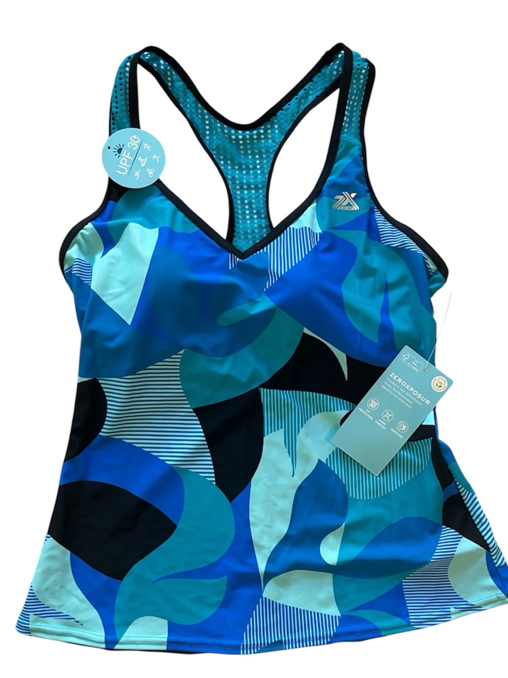 ZeroXPosur Women's Blue Teal Pattern Raceback Swim Tankini
Top Size S UPF 30